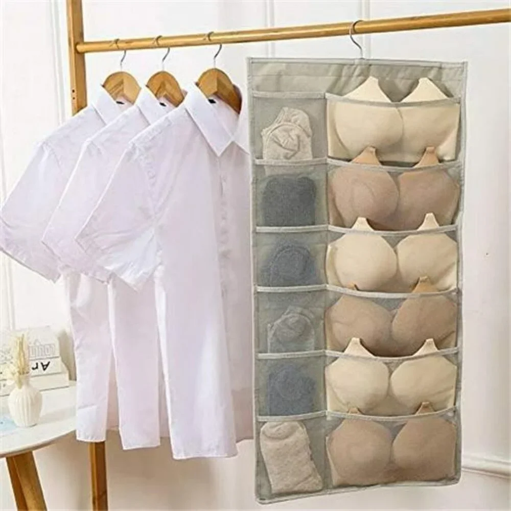 Closet Hanging Organizer Dual Sided with Mesh Pockets for Bras Underwear Socks
